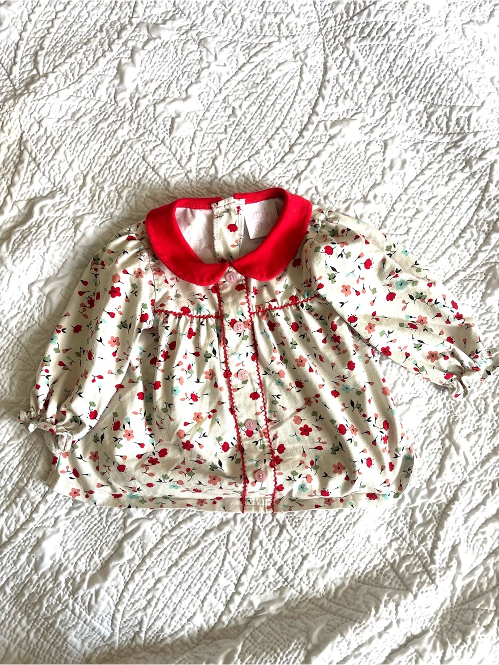 Stitchy Fish Cream Floral Blouse with Red Peter Pan Collar for Girls